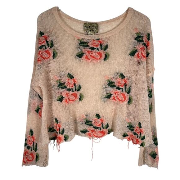 Wildfox White Label Women's Prairie Rose Cropped Sweater S Pink Distressed Knit - Picture 1 of 9